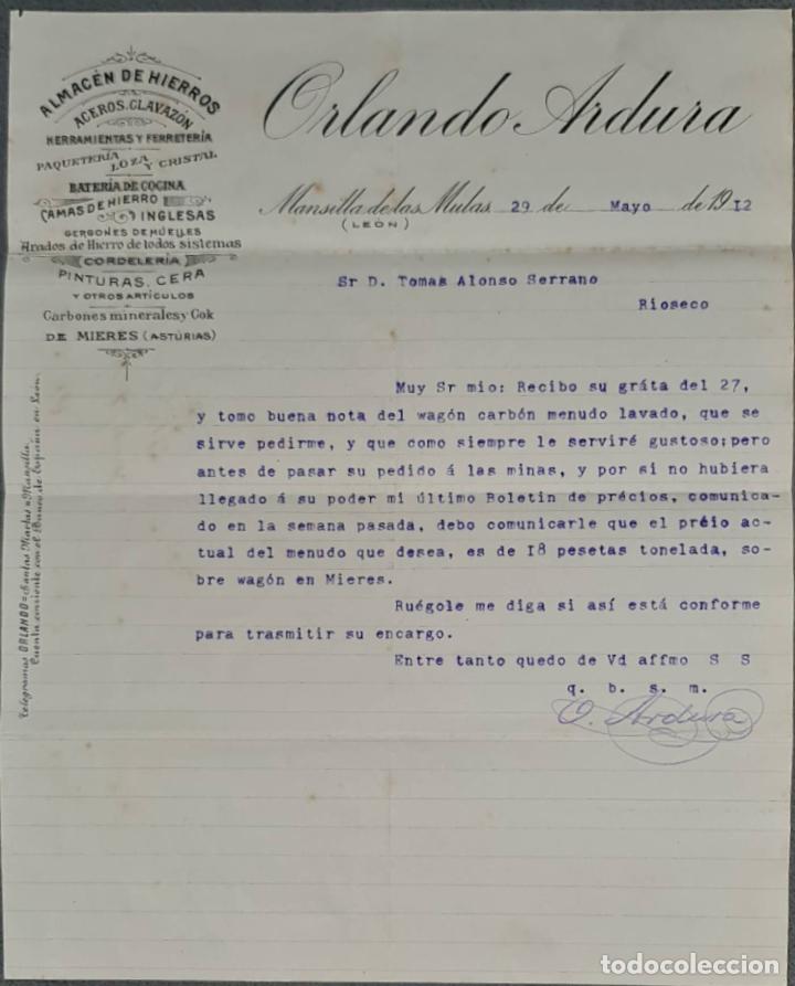 Gesch&auml;ftsbriefe: Orlando Ardura. Almac&eacute;n de hierros. Herramientas y Ferreter&iacute;a. Le&oacute;n. Espa&ntilde;a 1912