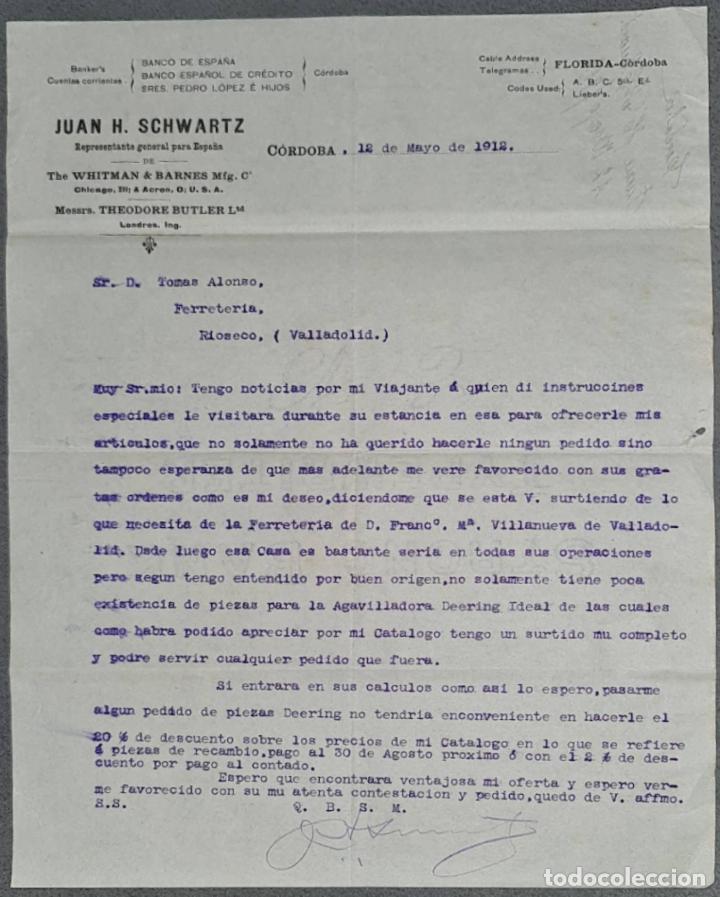 Gesch&auml;ftsbriefe: Juan H. Schwartz. M&aacute;quinas agr&iacute;colas y piezas de recambio. C&oacute;rdoba. Espa&ntilde;a 1912