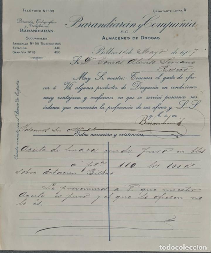 Gesch&auml;ftsbriefe: Barandiar&aacute;n y Compa&ntilde;&iacute;a. Grandes Almacenes de drogas y productos farmac&eacute;uticos. Bilbao. Espa&ntilde;a 1907