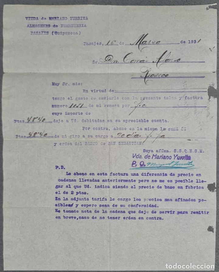 Gesch&auml;ftsbriefe: Viuda de Mariano Yurrita. Almacenes de Ferreter&iacute;a. Guip&uacute;zcoa. Espa&ntilde;a 1931