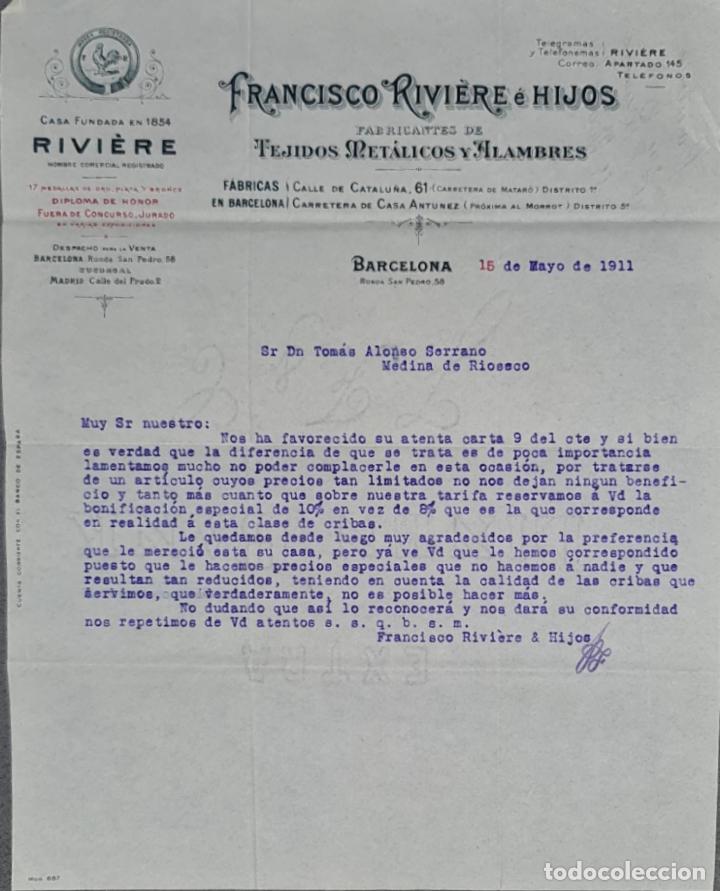 Gesch&auml;ftsbriefe: Franc&iacute;sco Rivi&eacute;re e Hijos. Tejidos met&aacute;licos y alambres. Barcelona. Espa&ntilde;a 1911