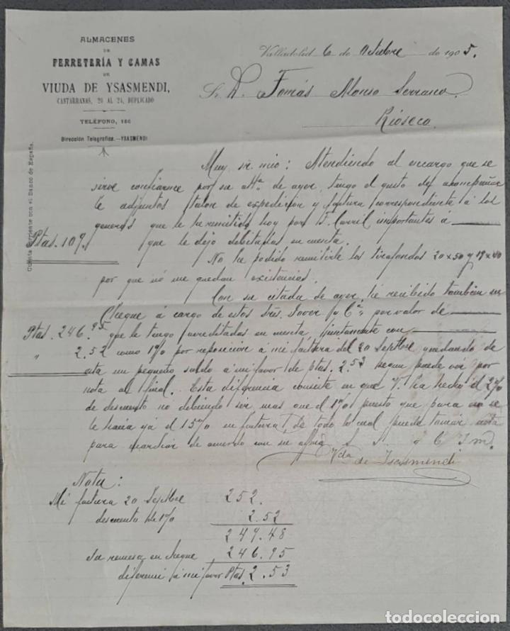 Lettere commerciali: Viuda de Ysasmendi. Almacenes de Ferreter&iacute;a y camas. Valladolid. Espa&ntilde;a 1905