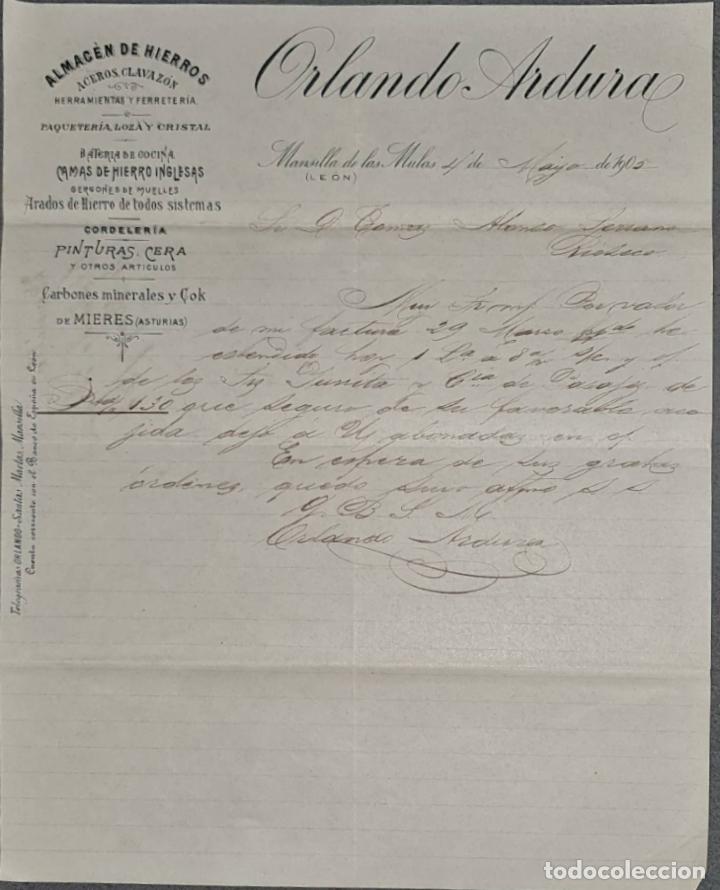 Lettere commerciali: Orlando Ardura. Almac&eacute;n de hierros. Herramientas y Ferreter&iacute;a. Le&oacute;n. Espa&ntilde;a 1905