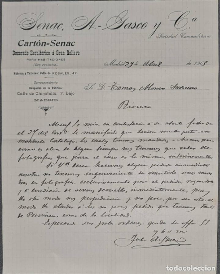 Lettere commerciali: Senac, A. Gasco y C&ordf;. Cart&oacute;n-Senac. Madrid. Espa&ntilde;a 1905