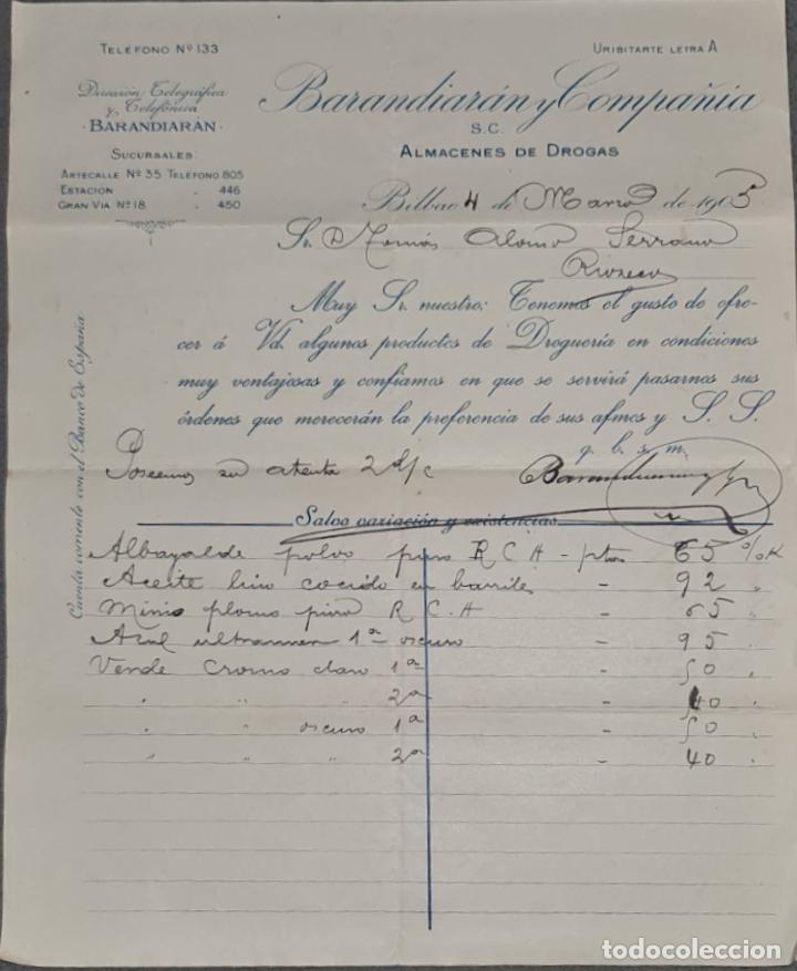 Lettere commerciali: Barandiar&aacute;n y Compa&ntilde;&iacute;a. Grandes Almacenes de drogas y productos farmac&eacute;uticos. Bilbao. Espa&ntilde;a 1905