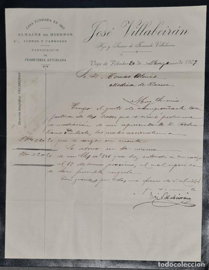 Lettere commerciali: Jos&eacute; Villabeir&aacute;n. Almac&eacute;n de hierros, aceros y carbones. Vega de Ribadeo. Espa&ntilde;a 1907