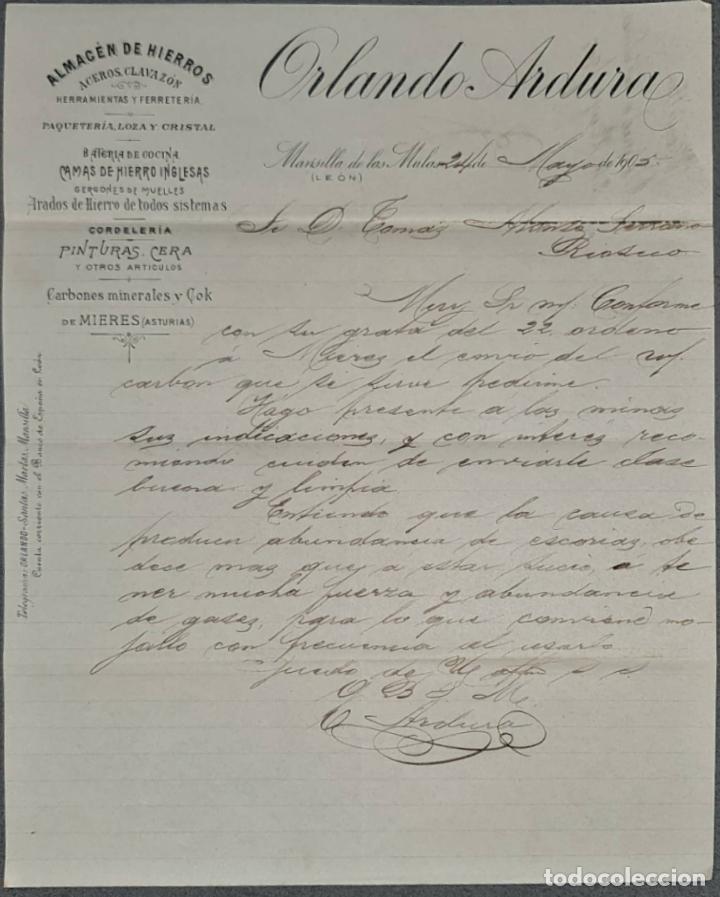 Lettere commerciali: Orlando Ardura. Almac&eacute;n de hierros. Herramientas y Ferreter&iacute;a. Le&oacute;n. Espa&ntilde;a 1905