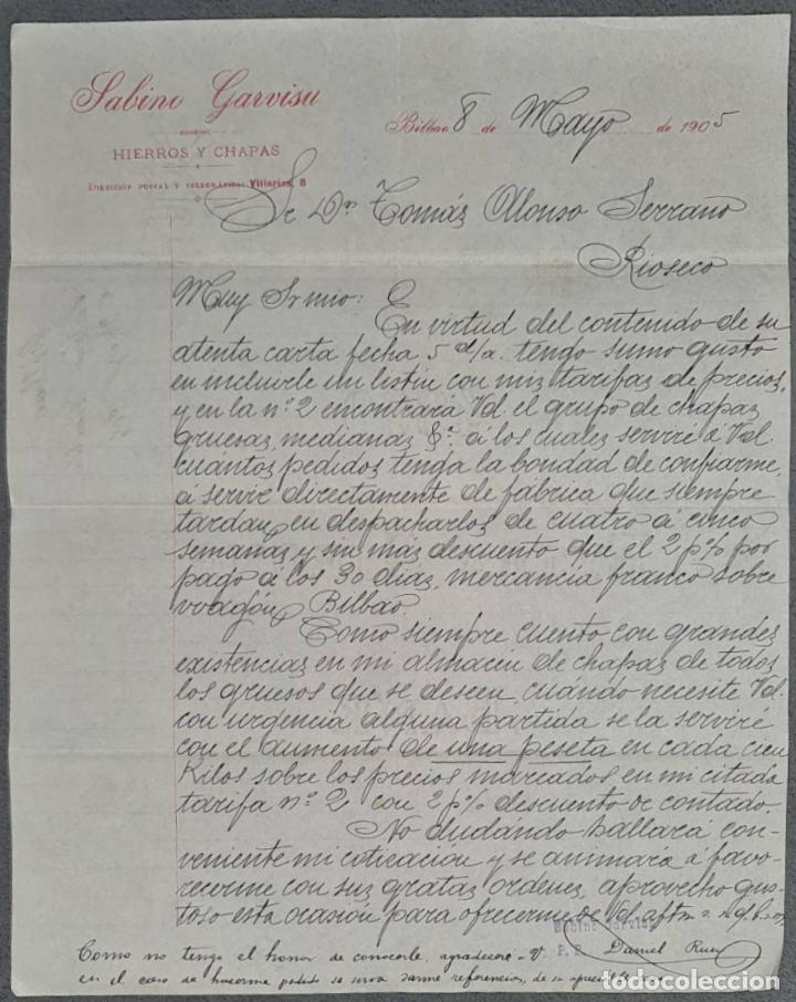 Lettere commerciali: Gabino Garvisa. Hierros y Chapas. Bilbao. Espa&ntilde;a 1905