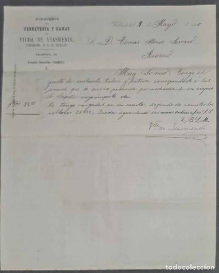 Lettere commerciali: Viuda de Ysasmendi. Almacenes de Ferreter&iacute;a y camas. Valladolid. Espa&ntilde;a 1905