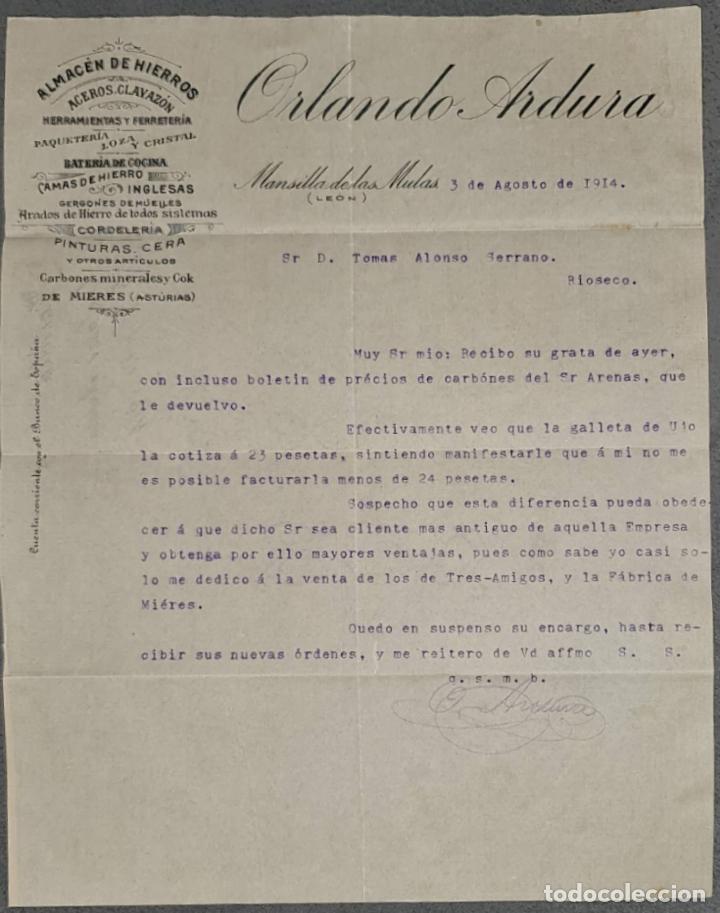 Cartas comerciales: Orlando Ardura. Almac&eacute;n de hierros. Herramientas y Ferreter&iacute;a. Le&oacute;n. Espa&ntilde;a 1914
