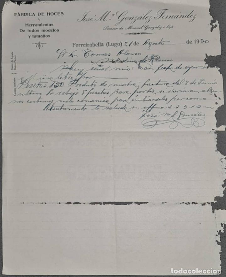 Cartas comerciales: Jose M&ordf; Gonz&aacute;lez Fern&aacute;ndez. F&aacute;brica de hoces y herramientas. Fereirabella. Lugo. Espa&ntilde;a 1930