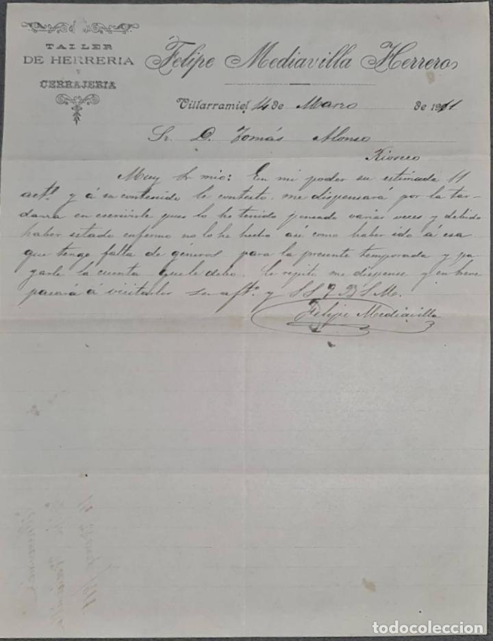 Cartas comerciales: Felipe Mediavilla Herrero. Taller de Herrer&iacute;a y Cerrajer&iacute;a. Villarramiel. Espa&ntilde;a 1911