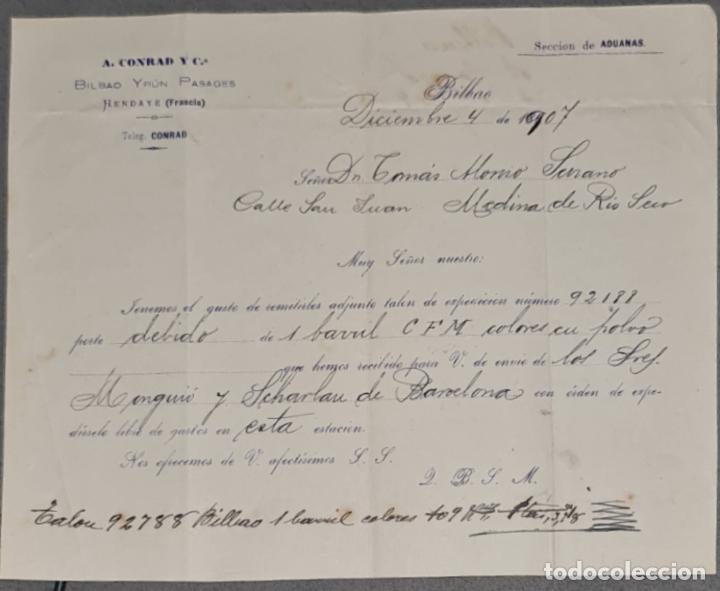 Cartas comerciales: A. Conrad y C&ordf;. Bilbao Yr&uacute;n Pasages. Hendaye y Francia. Bilbao. Espa&ntilde;a 1907