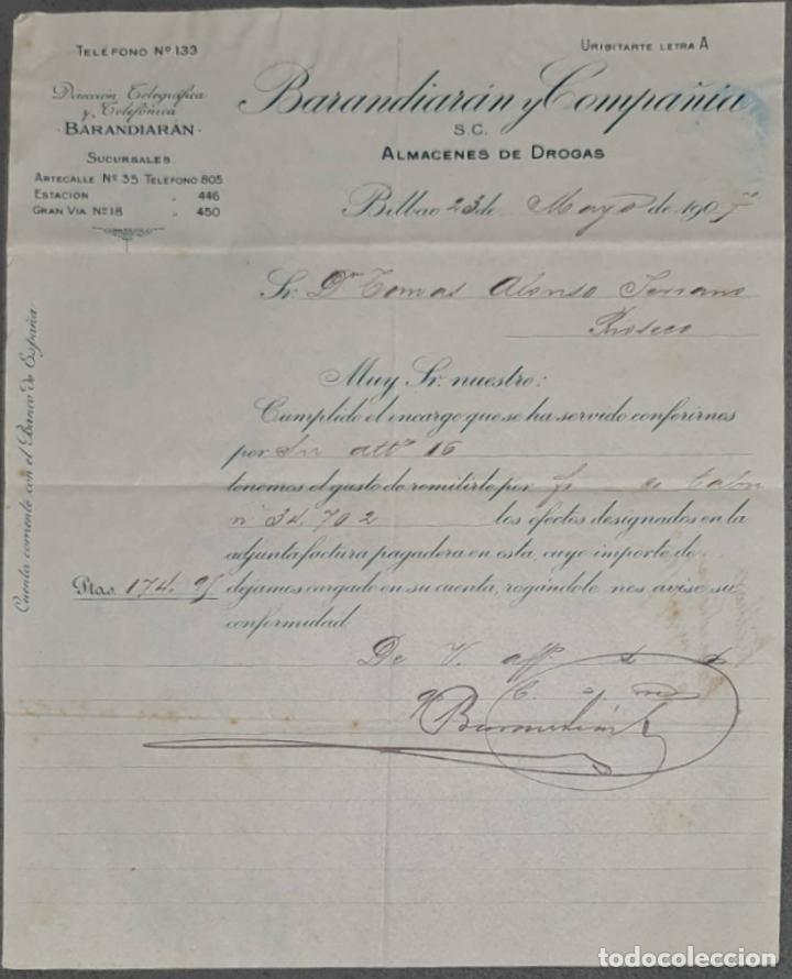 Cartas comerciais: Barandiar&aacute;n y Compa&ntilde;&iacute;a. Grandes Almacenes de drogas y productos farmac&eacute;uticos. Bilbao. Espa&ntilde;a 1905
