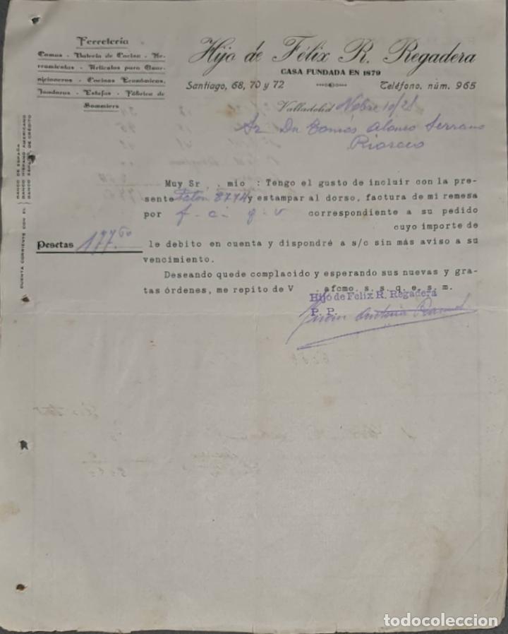 Cartas comerciales: Hijo de F&eacute;lix R. Regadera. Ferreter&iacute;a. Valladolid. Espa&ntilde;a 1921