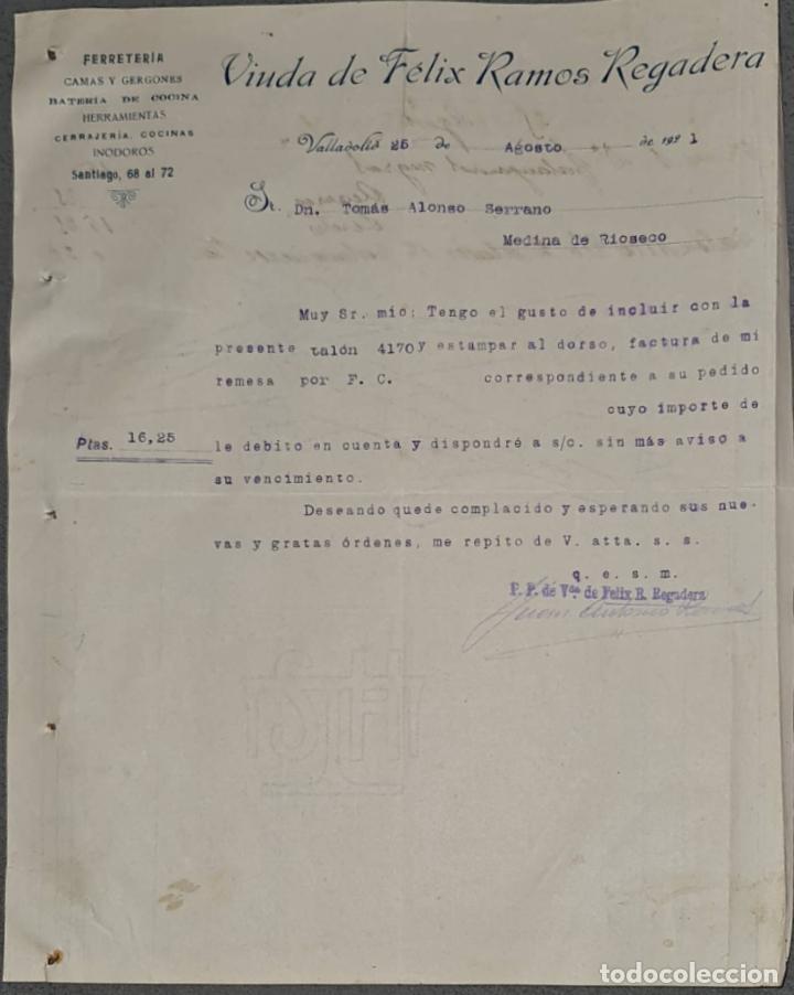 Lettere commerciali: Viuda de F&eacute;lix Ramos Regadera. Ferreter&iacute;a. Valladolid. Espa&ntilde;a 1921.