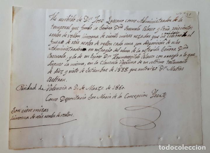Lettere commerciali: RECIBO DE LIMOSNA A IGLESIA POR TESTAMENTO, VALENCIA, MARZO DE 1860