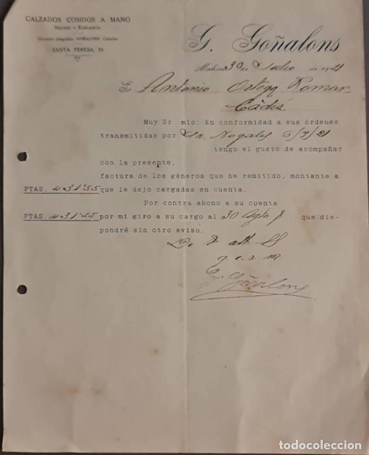 Lettere commerciali: G. Go&ntilde;alons. Calzados cosidos a mano. Mah&oacute;n. Espa&ntilde;a 1921