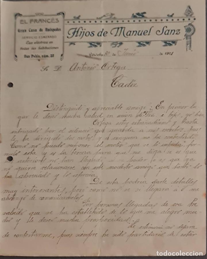 Lettere commerciali: Hijos de Manuel Sanz. El Franc&eacute;s. Gran casa de hu&eacute;spedes. C&oacute;rdoba. Espa&ntilde;a 1921
