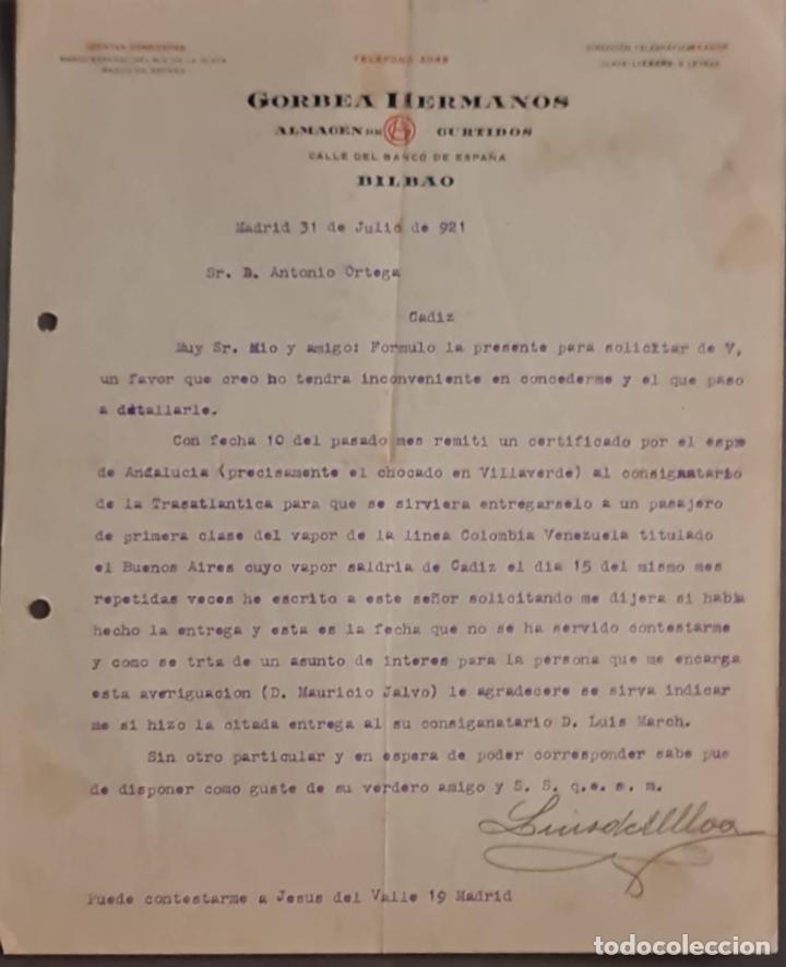 Lettres commerciales: Gorbea Hermanos. Almac&eacute;n de curtidos. Bilbao. Espa&ntilde;a 1921