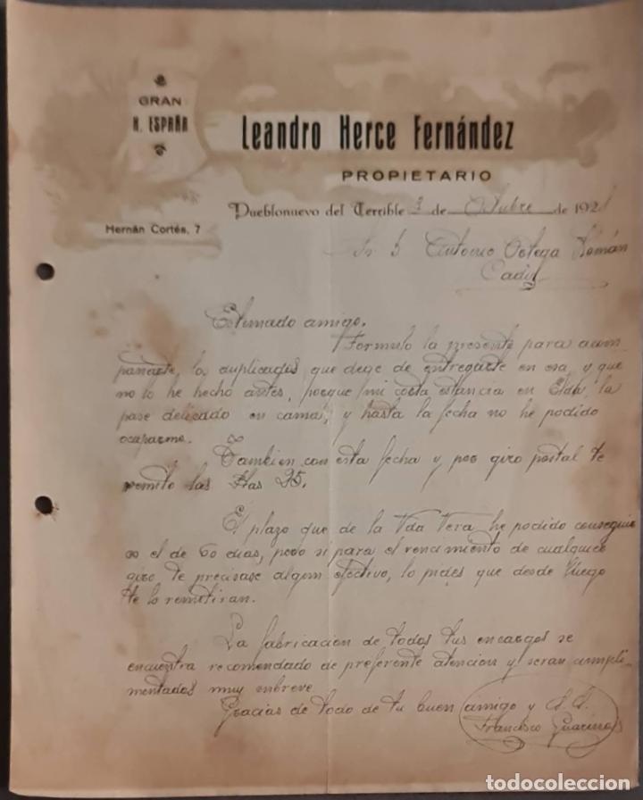 Lettere commerciali: Leandro Herce Fern&aacute;ndez. Gran Hotel Espa&ntilde;a . Pueblonuevo del Terrible. Espa&ntilde;a 1921