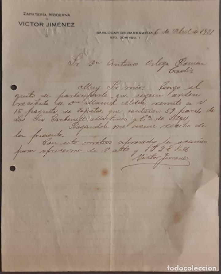 Lettere commerciali: Victor Jim&eacute;nez. Zapater&iacute;a moderna. Sanl&uacute;car de Barrameda. Espa&ntilde;a 1921