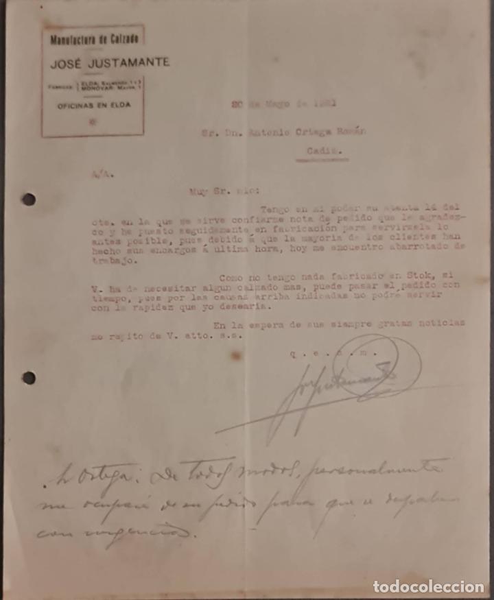 Lettres commerciales: Jos&eacute; Justamante. Manufactura del calzado. Elda. Espa&ntilde;a 1921
