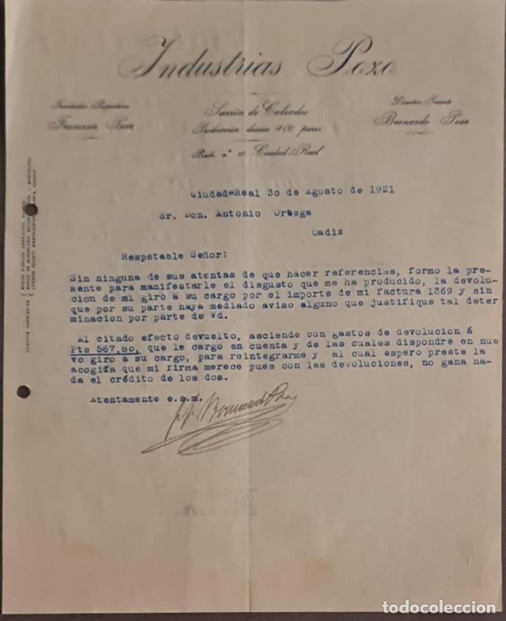Lettere commerciali: Industrias Pozo. Secci&oacute;n de Calzados. Ciudad Real. Espa&ntilde;a 1921