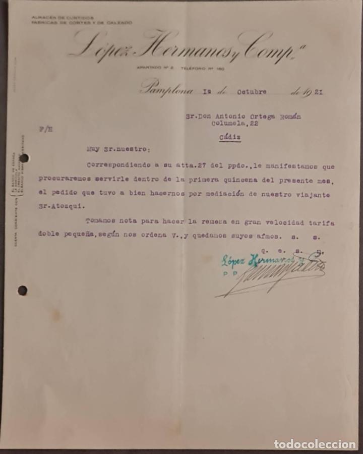 Lettere commerciali: L&oacute;pez Hermanos y Comp&ordf;. Almac&eacute;n de curtidos. Pamplona. Espa&ntilde;a 1921