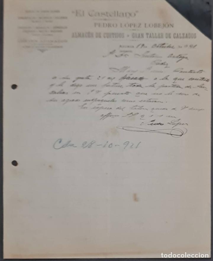 Lettere commerciali: Pedro L&oacute;pez Lobej&oacute;n. El Castellano. Almac&eacute;n de curtidos y taller de calzados. Badajoz. Espa&ntilde;a 1921
