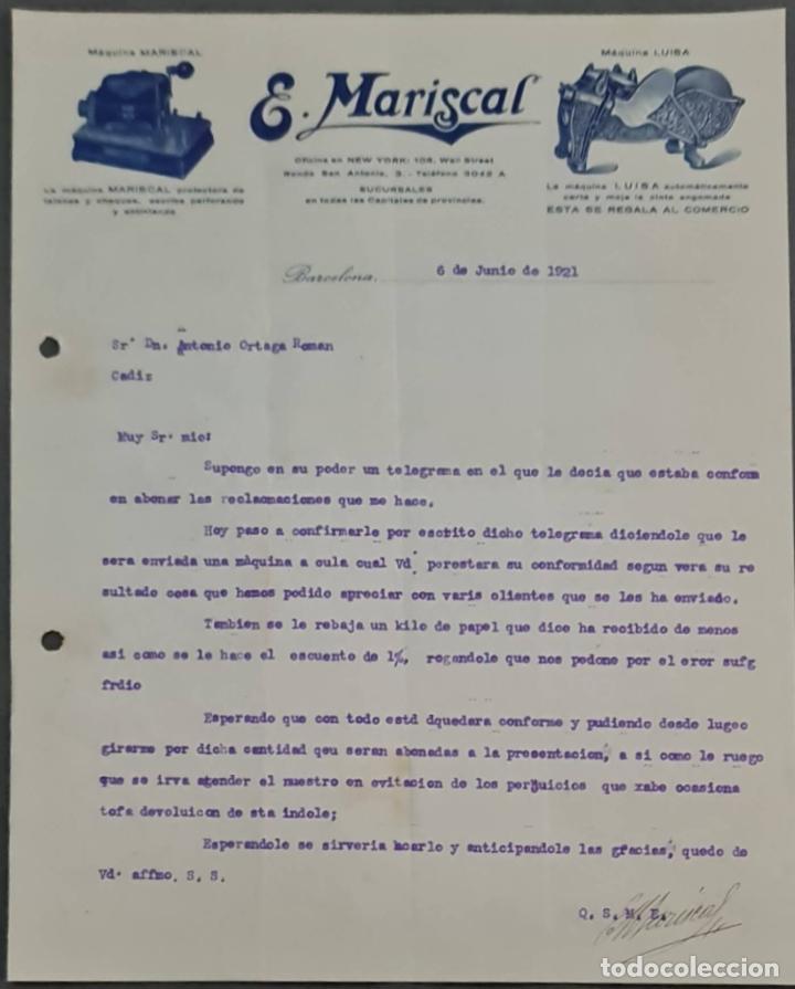 Lettere commerciali: E. Mariscal. M&aacute;quinas protectoras de talones y cheques. Barcelona. Espa&ntilde;a 1921