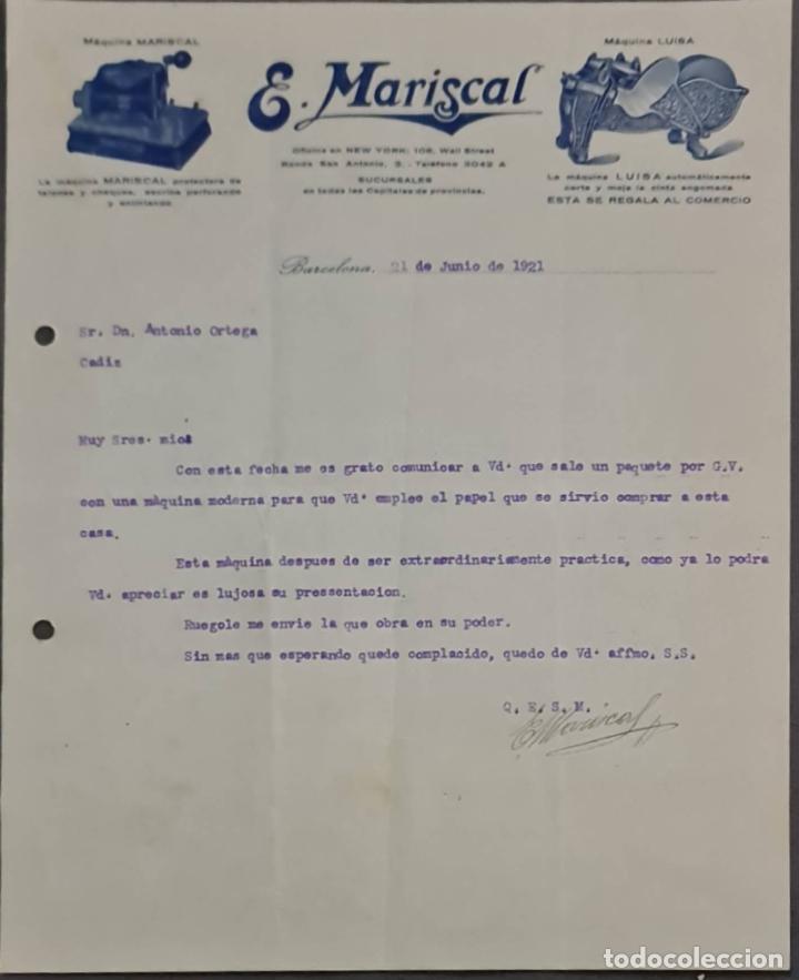 Lettere commerciali: E. Mariscal. M&aacute;quinas protectoras de talones y cheques. Barcelona. Espa&ntilde;a 1921