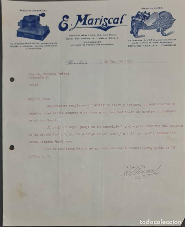 Lettere commerciali: E. Mariscal. M&aacute;quinas protectoras de talones y cheques. Barcelona. Espa&ntilde;a 1921