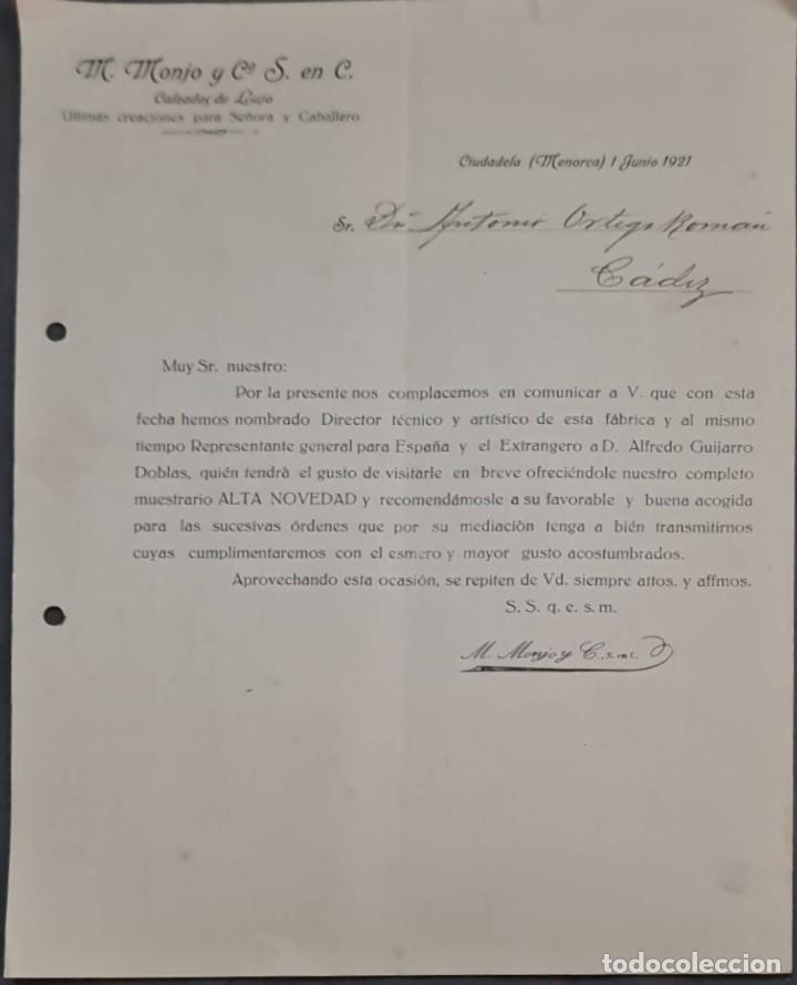 Cartas comerciais: M. Monjo y C&ordf; S. en C. Calzados de lujo. Ciudadela. Menorca. Espa&ntilde;a 1921
