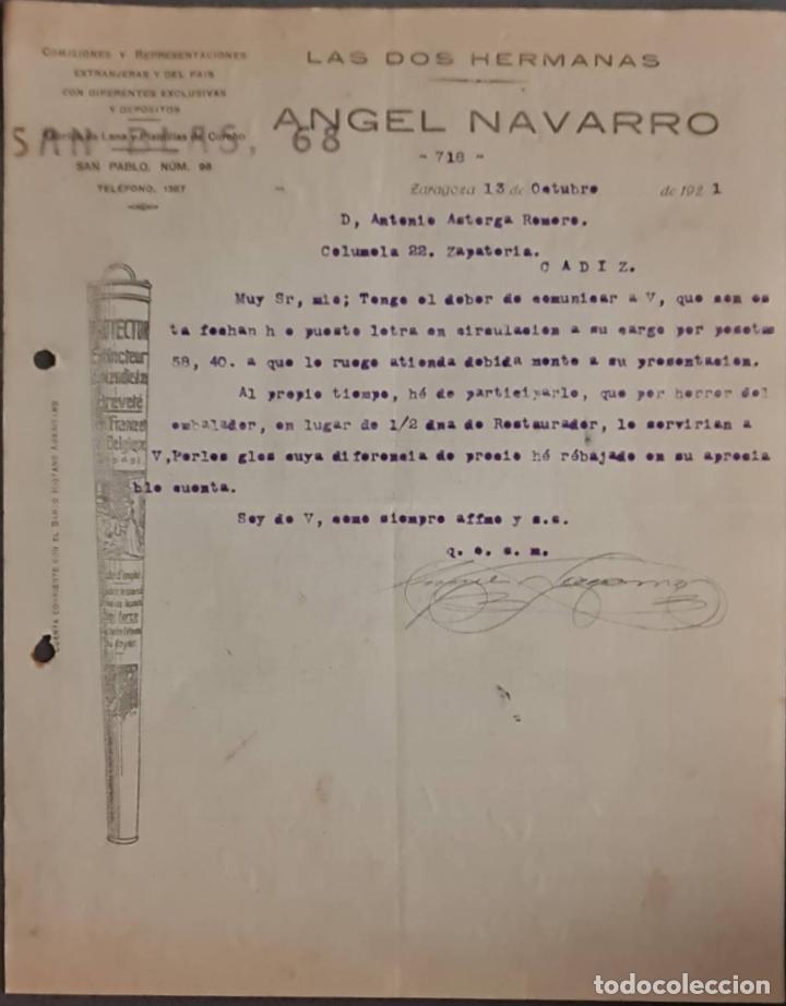 Cartas comerciais: Angel Navarro. Comisiones y Representaciones. Las Dos hermanas. F&aacute;brica de lanas. Zaragoza 1921
