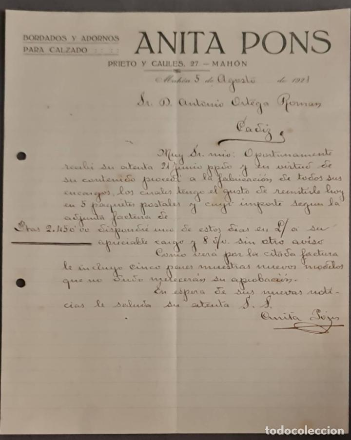 Cartas comerciais: Anita Pons. Bordados y Adornos para calzados. Mah&oacute;n. Espa&ntilde;a 1921
