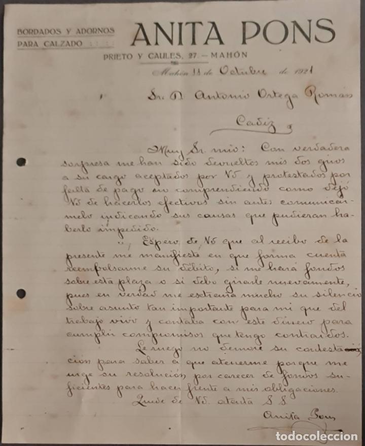 Cartas comerciais: Anita Pons. Bordados y Adornos para calzados. Mah&oacute;n. Espa&ntilde;a 1921