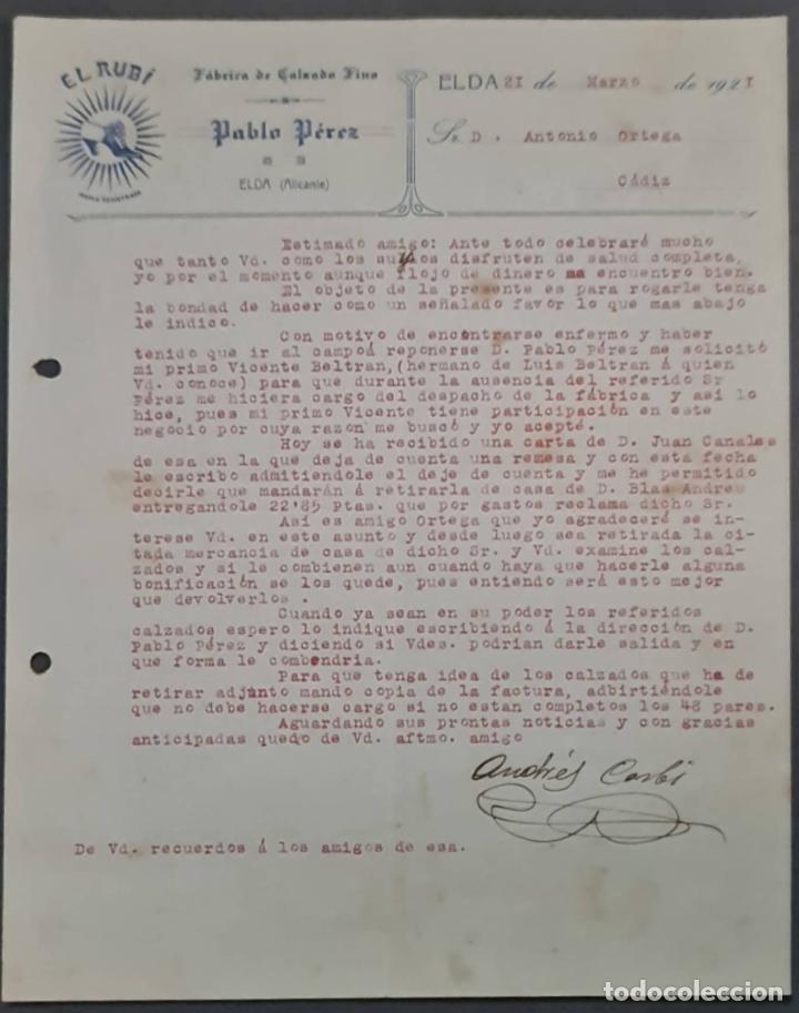Cartas comerciais: Pablo P&eacute;rez. El Rub&iacute;. F&aacute;brica de calzado fino. Elda. Espa&ntilde;a 1921