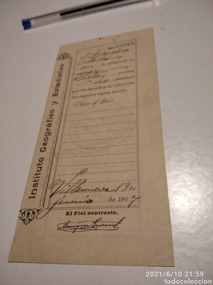 Cartas comerciais: Instituto geografico y estad&iacute;stico, recibo justificante Villanueva y Geltr&uacute; 1907