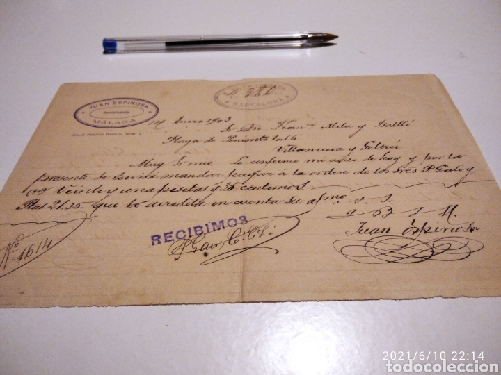 Cartas comerciais: Carta comercial, Juan Espinosa, comisionista Malaga 1903