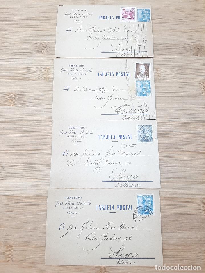 Cartas comerciais: LOTE 4 TARJETAS, POSTAL COMERCIAL DE F&Aacute;BRICA DE CURTIDOS JOSE PERIS COLLADO ( VALENCIA ) 1953