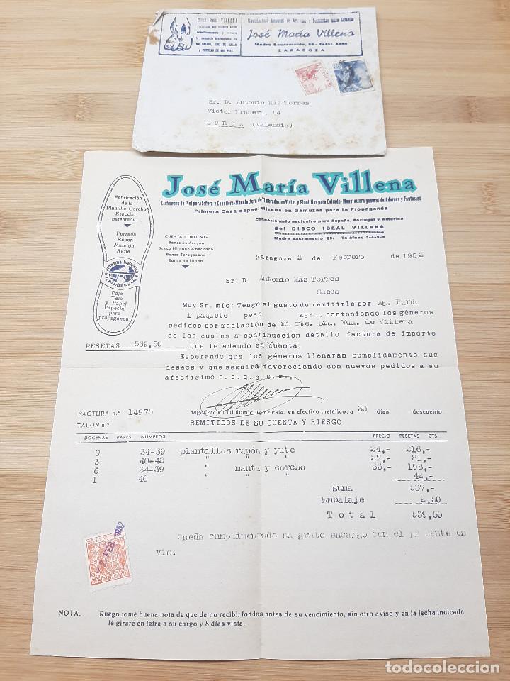 Cartas comerciais: CARTA COMERCIAL FACTURA, JOSE MARIA VILLENA MANUFACTURA DEL CALZADO, ADORNOS ( ZARAGOZA ) A&Ntilde;OS 50.