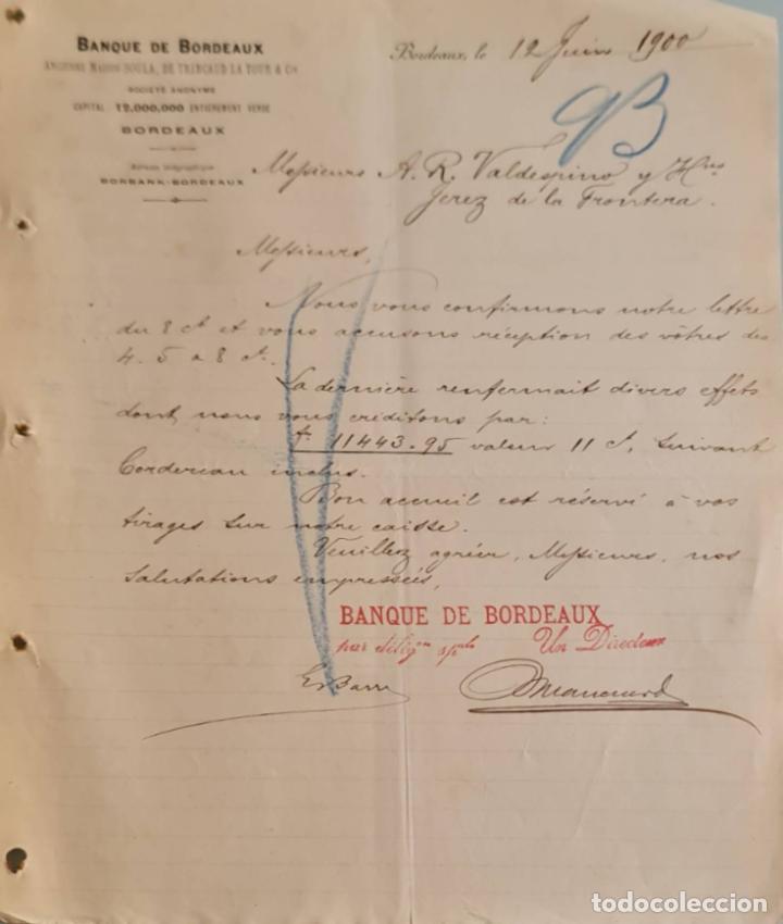 Cartas comerciais: Banque de Bordeaux. Ancienne Maison Soula, de Trincaud La Tour & C&iacute;e. Bordeaux. Francia 1900