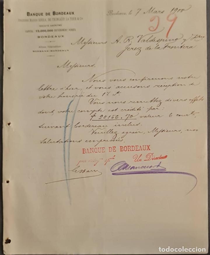 Cartas comerciales: Banque de Bordeaux. Ancienne Maison Soula, de Trincaud La Tour & C&iacute;e. Bordeaux. Francia 1900