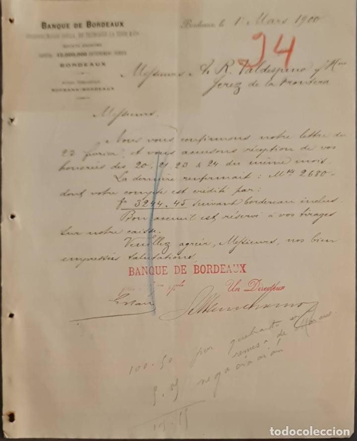 Cartas comerciales: Banque de Bordeaux. Ancienne Maison Soula, de Trincaud La Tour & C&iacute;e. Bordeaux. Francia 1900