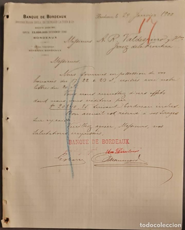 Cartas comerciales: Banque de Bordeaux. Ancienne Maison Soula, de Trincaud La Tour & C&iacute;e. Bordeaux. Francia 1900