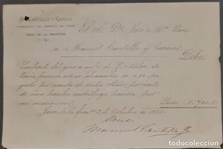 Cartas comerciales: M. Cantillo y Garc&iacute;a. Fabricante de esp&iacute;ritu de vinos. Jerez. Espa&ntilde;a 1886