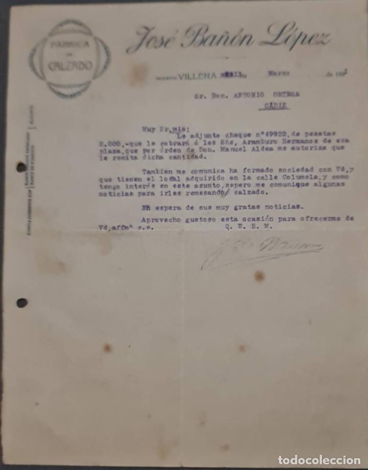 Cartas comerciales: Jos&eacute; Ba&ntilde;&oacute;n L&oacute;pez. F&aacute;brica de calzado. Villena. Alicante. Espa&ntilde;a 1921