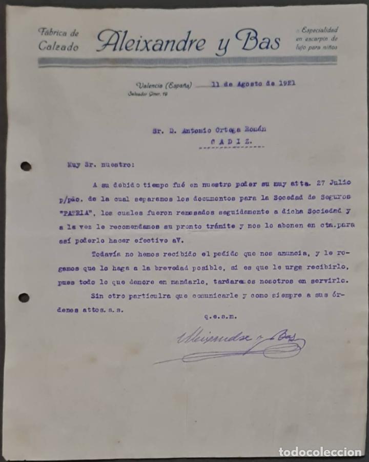 Cartas comerciales: Aleixandre y Bas. F&aacute;brica de calzado. Valencia. Espa&ntilde;a 1921