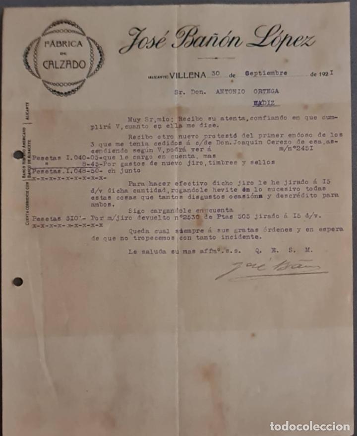 Cartas comerciales: Jos&eacute; Ba&ntilde;&oacute;n L&oacute;pez. F&aacute;brica de calzado. Villena. Alicante. Espa&ntilde;a 1921